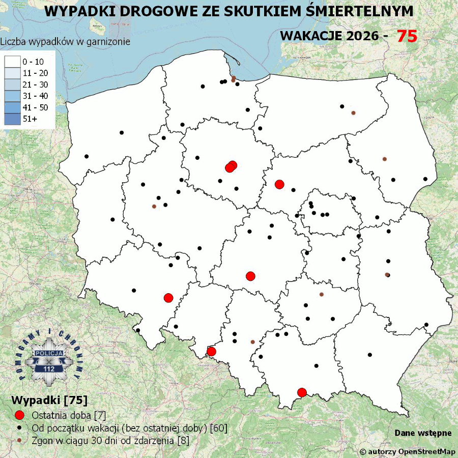 Mapa prezentująca liczbę wypadków poprzedniej doby w Polsce. Prezentowane dane są dostępne w tekście poniżej.