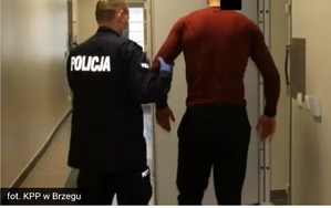 na zdjęciu widać policjanta, który wprowadza zatrzymanego mężczyznę do policyjnego aresztu. Obaj mężczyźni są odwróceni plecami do osoby robiącej zdjęcia