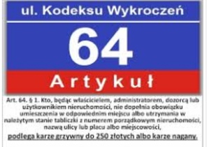 Na zdjęciu wzór tabliczki z oznaczeniem posesji, z tekstem na którym wyjaśniony jest zapis artykułu 64 par. 1 kodeksu wykroczeń