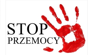 na zdjęciu - na białym tle znajduje się czerwona otwarta dłoń a obok niej jest umieszczony napis Stop przemocy.