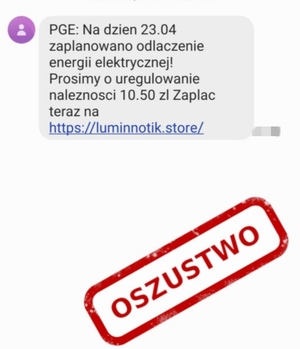 wiadomość zawiera treść sms&#039;a z informacją o planowanym wyłączeniu prądu z uwagi na niedopłatę na koncie klienta - oszustwo