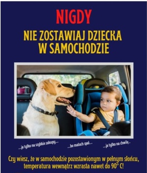 plakat z napisem NIGDY NIE ZOSTAWIAJ DZIECKA W SAMOCHODZIE