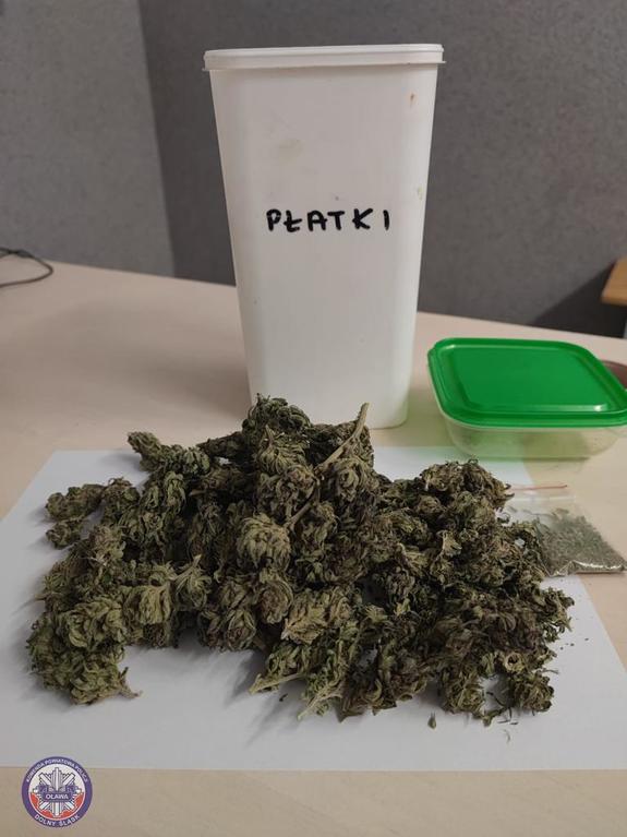 biały plastikowy pojemnik z napisem płatki obok którego na białej kartce papieru znajduje się susz roślinny - marihuana