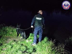 policjant z psem tropiącym sprawdzający miejsce zdarzenia