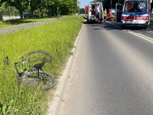 rower lerzący na pasie zieleni po potrąceniu przez motor