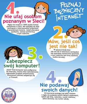 Poznaj bezpieczny internet:
1 - Nie ufaj osobom poznanym w sieci (nigdy nie można w 100 procentach zaufać komuś poznanemu w sieci. Nie spotykaj się zbyt pochopnie z Internetowymi znajomościami w prawdziwym świecie. Jeżeli planujesz spotkanie, zawsze poinformuj rodziców),
2 - Mów, jeśli coś jest nie tak (w sytuacji kiedy ktoś lub coś Cię w internecie zaniepokoi lub wystraszy, koniecznie opowiedz o tym rodzicom lub innej zaufanej osobie dorosłej),
3 - Zabezpiecz swój komputer (jeżeli Twój komputer jest podłączony di Internetu, musisz mieć zainstalowany odpowiedni program antywirusowy. Powinieneś również zaopatrzyć się w Firewall),
4 - Nie podawaj swoich danych (w Internecie posługuj się tylko nickiem i nigdy nie podawaj swoich danych osobowych, takich jak imię, nazwisko, numer telefonu, adres domowy czy numer i adres szkoły)