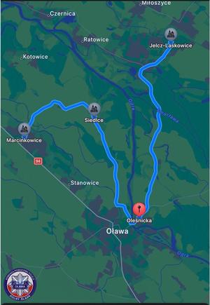 mapka proponowanych objazdów dla kierowców jadących z Wrocławia w kierunku Jelcza Laskowic