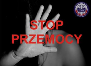 na czarnym tle otwarta dłoń, na której znajduje się napis Stop przemocy