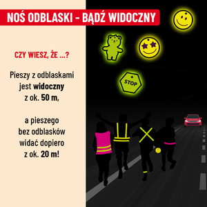 Noś odblaski - bądź widoczny!
Czy wiesz, że... pieszy z odblaskami jest widoczny z około 50 metrów, a pieszego bez odblasków widać dopiero z około 20 metrów.