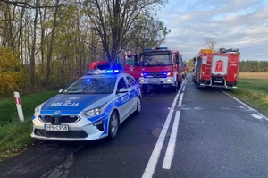 Policja i Straż Pożarna podczas zabezpieczenia miejsca zdarzenia drogowego