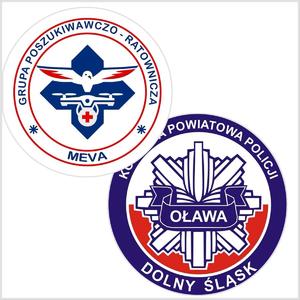 logo Komendy Powiatowej Policji w Oławie i logo Grupy Poszukiwawczo Ratowniczej Meva