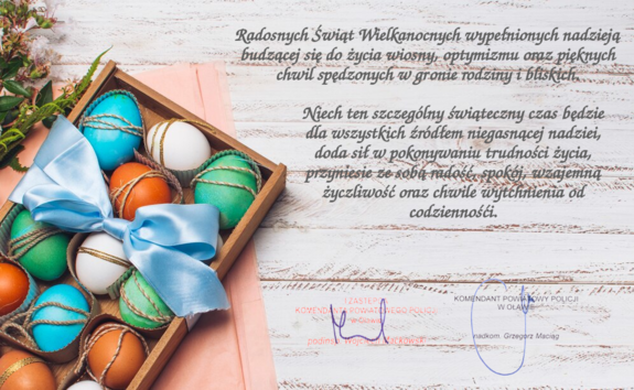 Radosnych Świąt Wielkanocnych wypełnionych nadzieją budzącej się do życia wiosny, optymizmu oraz pięknych chwil spędzonych w gronie rodziny i bliskich. 
Niech ten szczególny świąteczny czas będzie dla wszystkich źródłem niegasnącej nadziei, doda sił w pokonywaniu trudności życia, przyniesie ze sobą radość, spokój, wzajemną życzliwość oraz chwile wytchnienia od codzienności.
