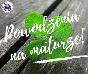 zielona czterolistna koniczyna i napis Powodzenia na maturze
