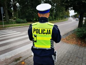 policjant w kamizelce odblaskowej z napisem Policja stojący przy oznakowanym przejściu dla pieszych