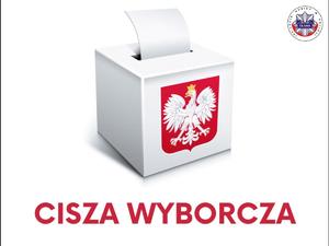 urna z Godłem Polski oraz czerwony napis na białym tle o treści cisza wyborcza