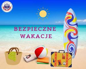 woda, słońce, plaża, piłka plażowa i napis Bezpieczne wakacje