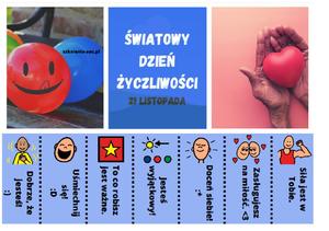 Plakat - Światowy Dzień Życzliwości  - dobrze, że jesteś, uśmiechnij się, to co robisz jest ważne, jesteś wyjątkowy, doceń siebie, zasługujesz na miłość, siła jest w Tobie