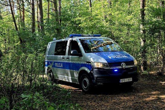policyjny oznakowany radiowóz w lesie