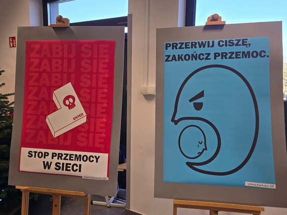 plakaty dotyczące przemocy i hejtu wykonane przez uczniów CKZiU w Oławie
