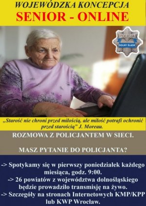 plakat informacyjny o spotkaniu z wizerunkiem starszej kobiety przed komputerem